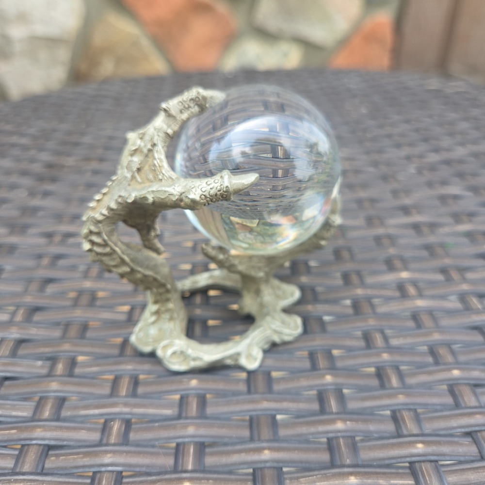 VTG Sunglo Denicolo Pewter Dragon Claws Magical Crystal Ball Orb Signed Marked